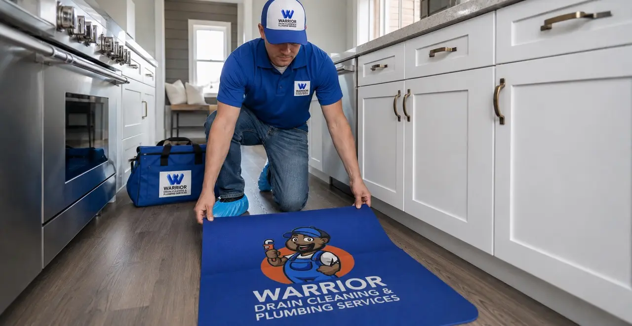 Emergency plumber protecting a homeowner's floor before performing plumbing repairs in Sauk Rapids, MN.