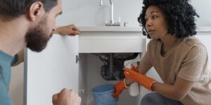 A woman with rubber gloves places a bucket under a leaking sink pipe while discussing plumbing issues with a man.